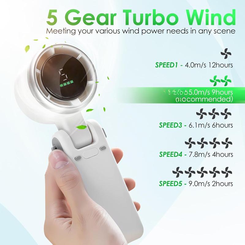 Portable Handheld Mini Turbo Fan, USB Rechargeable Travel Fan with 5 Speeds, 3600Mah & 15000RPM Speed, up to 12 Working Hours, 3 in 1 Foldable Personal Cooling Fan for Travel/Home/Office