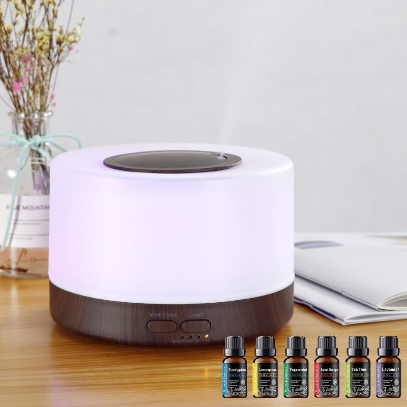 【6 Oils Included】500Ml Ultrasonic Essential Oil Diffuser - Remote Control Wood Humidifier with 7 LED Mood Lights Air Purifier Essential Oil Aroma Diffuser D Is Ff User Aroma Diffuser Humidifier Aromatherapy Oil Color-Changing Humidifier and Diffuser