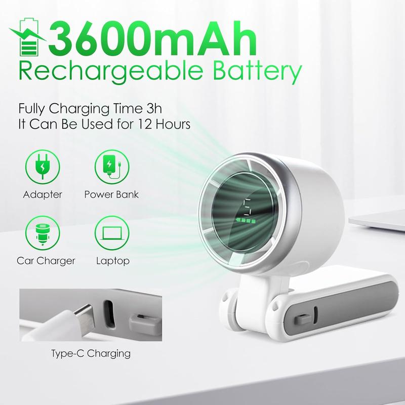 Portable Handheld Mini Turbo Fan, USB Rechargeable Travel Fan with 5 Speeds, 3600Mah & 15000RPM Speed, up to 12 Working Hours, 3 in 1 Foldable Personal Cooling Fan for Travel/Home/Office