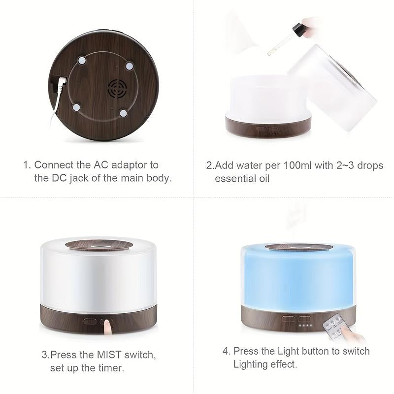 【6 Oils Included】500Ml Ultrasonic Essential Oil Diffuser - Remote Control Wood Humidifier with 7 LED Mood Lights Air Purifier Essential Oil Aroma Diffuser D Is Ff User Aroma Diffuser Humidifier Aromatherapy Oil Color-Changing Humidifier and Diffuser
