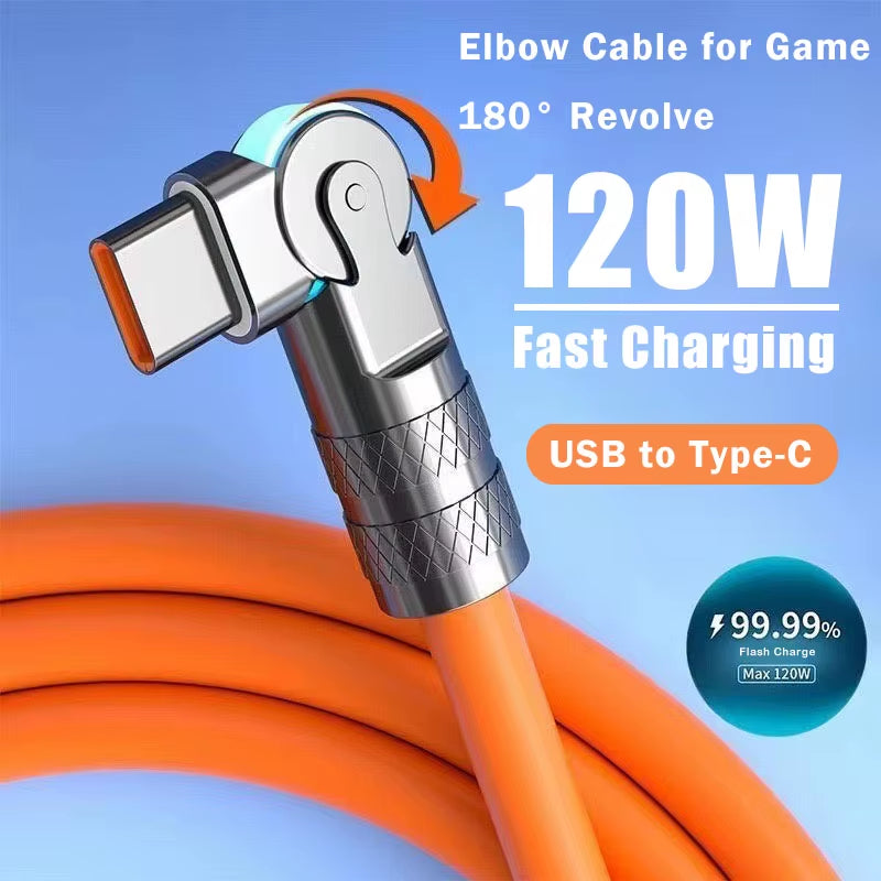 120W 7A Fast Charging USB Type-C Cable with 180 Degree Rotating Bend Game Cable Suitable for Xiaomi Phone Charger USB C Cable