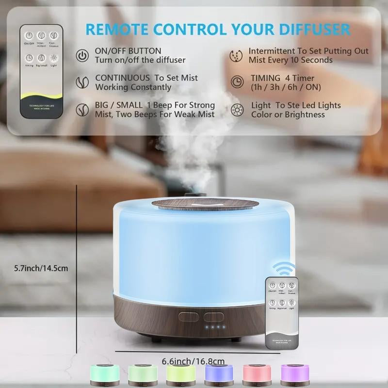 【6 Oils Included】500Ml Ultrasonic Essential Oil Diffuser - Remote Control Wood Humidifier with 7 LED Mood Lights Air Purifier Essential Oil Aroma Diffuser D Is Ff User Aroma Diffuser Humidifier Aromatherapy Oil Color-Changing Humidifier and Diffuser